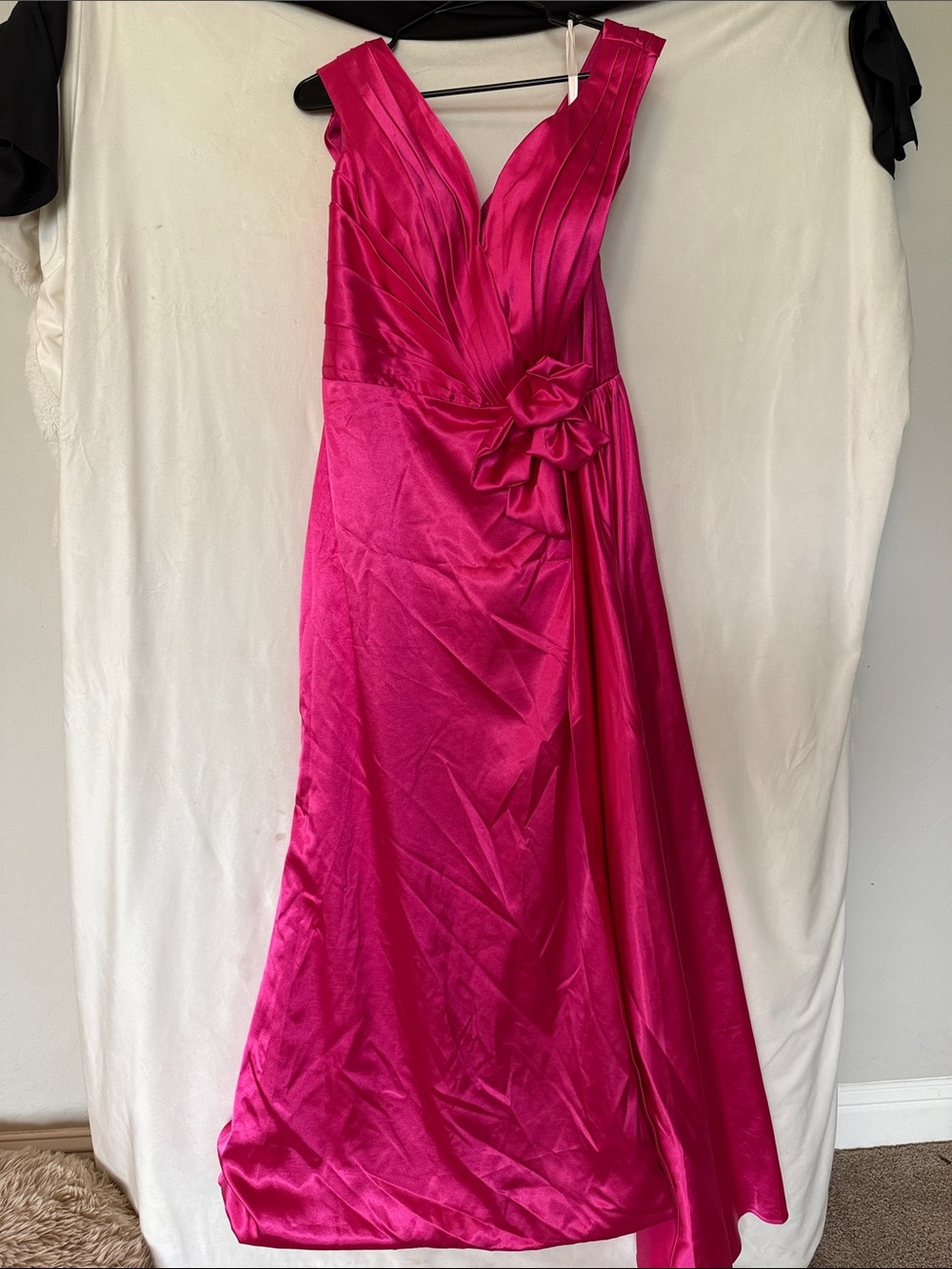 Fuchsia Satin V-Neck Evening Dress with Floral Waist Detail